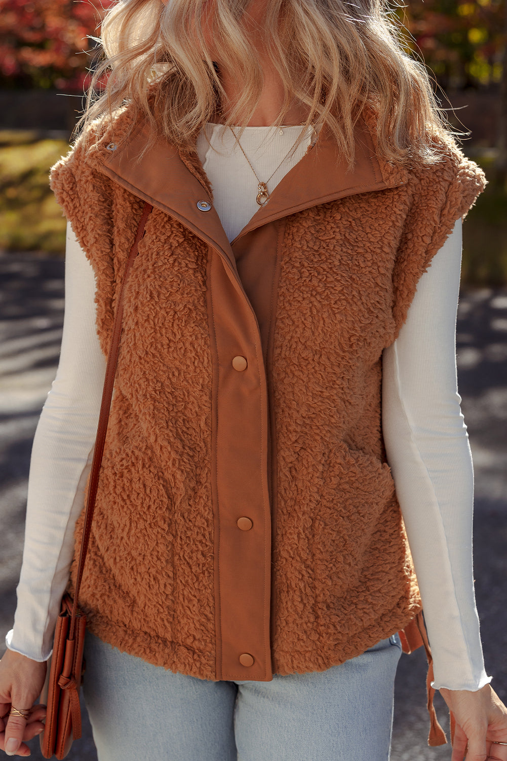Cinnamon Faux Fur Snap Button Front Knot Side Plush Vest