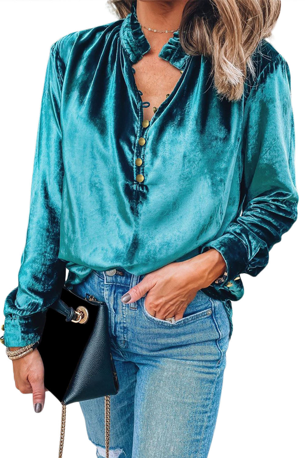 Green Frilled Neck Buttoned Front Velvet Top - The Fair Lady Shop