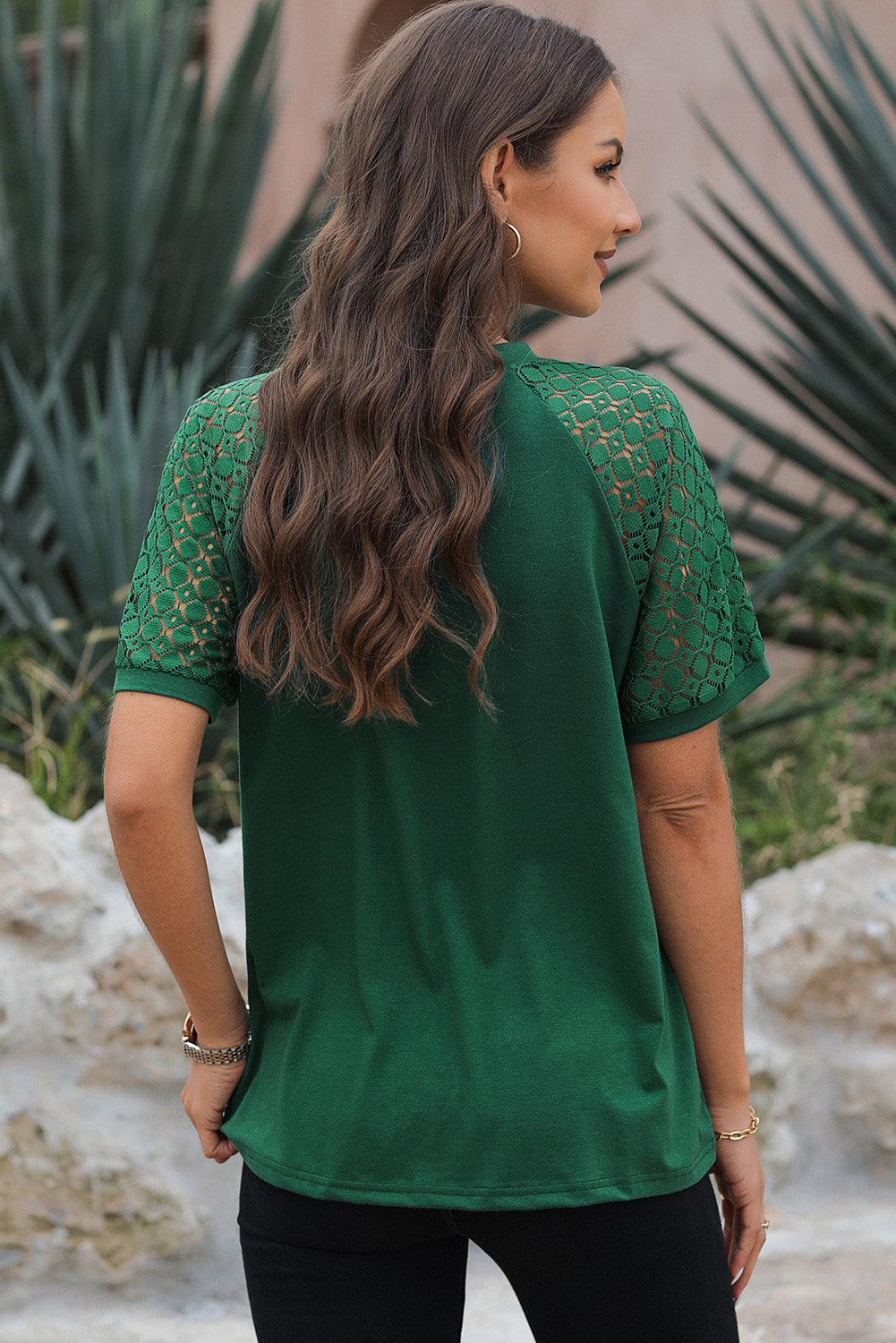 Pale Khaki Seamed Detail Contrast Lace Raglan Sleeve Tee - The Fair Lady Shop