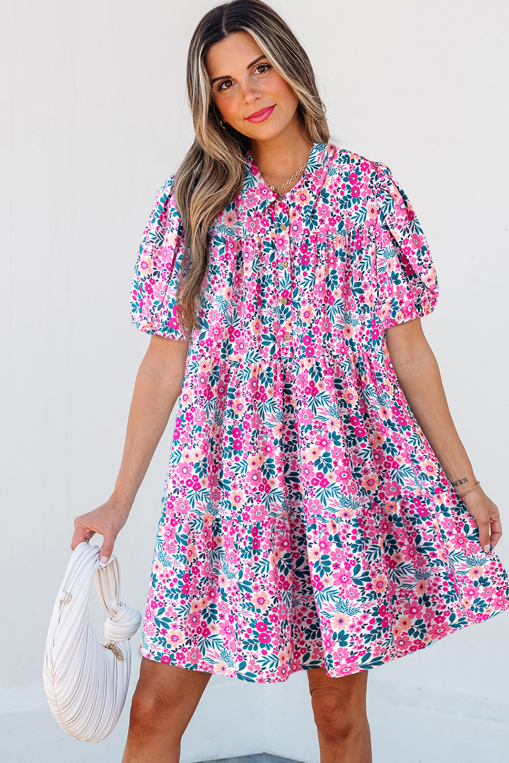 Pink Allover Floral Print Collar Half Button Short Sleeve Loose Dress - The Fair Lady Shop