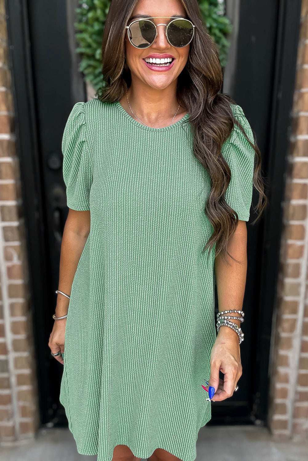 Mint Green Corded Crew Neck Puff Sleeve Mini Dress - The Fair Lady Shop