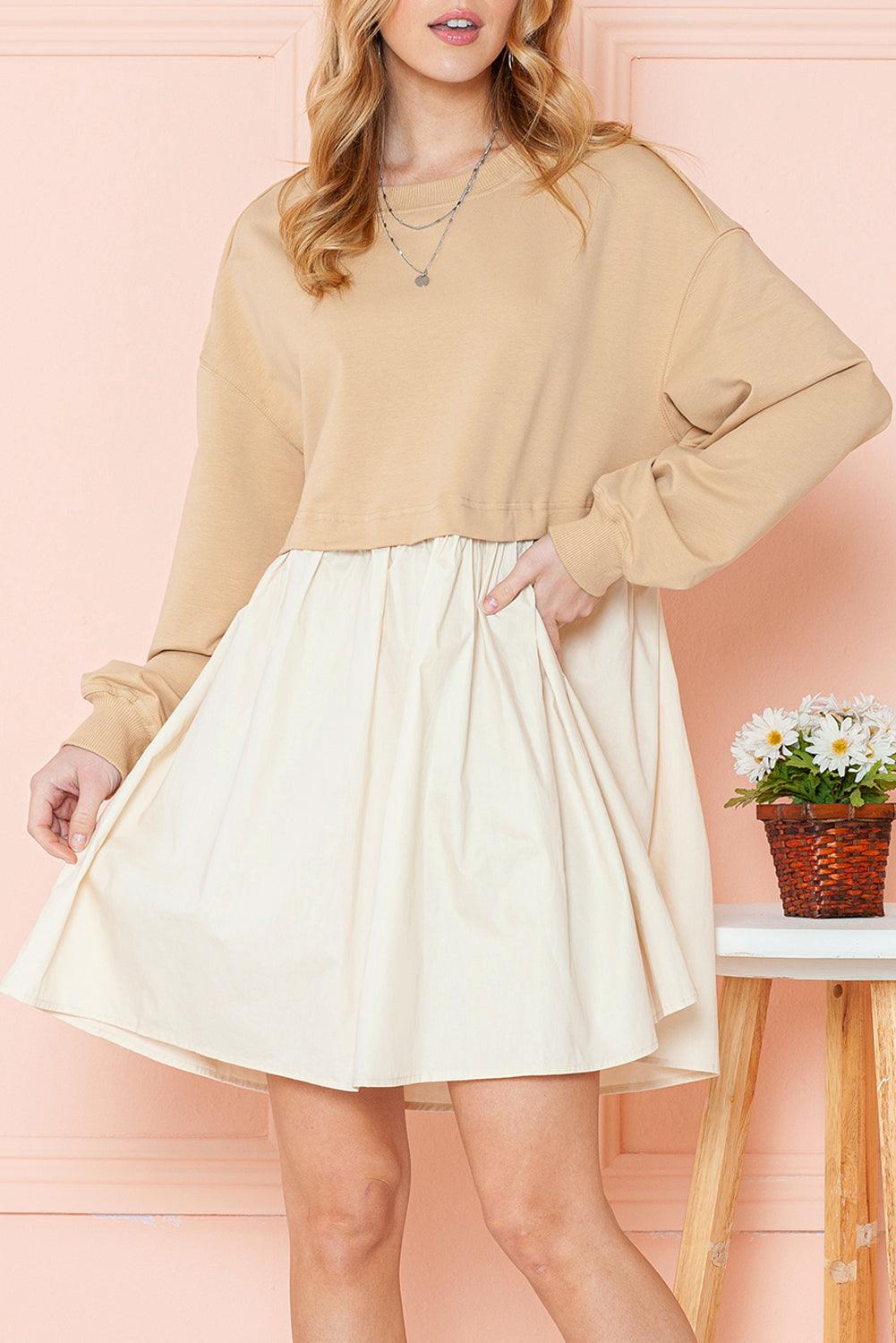 Khaki Sweatshirt Colorblock Flowy Pleated Mini Dress - The Fair Lady Shop