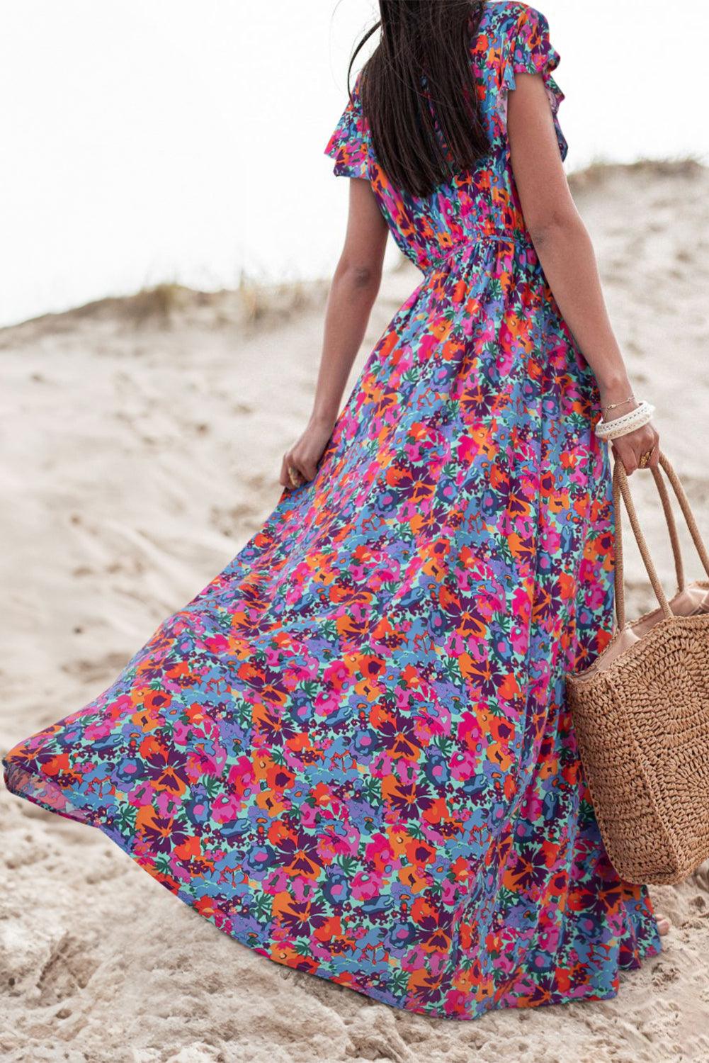 Blue Boho Floral Print V Neck Wrap Split Maxi Dress - The Fair Lady Shop