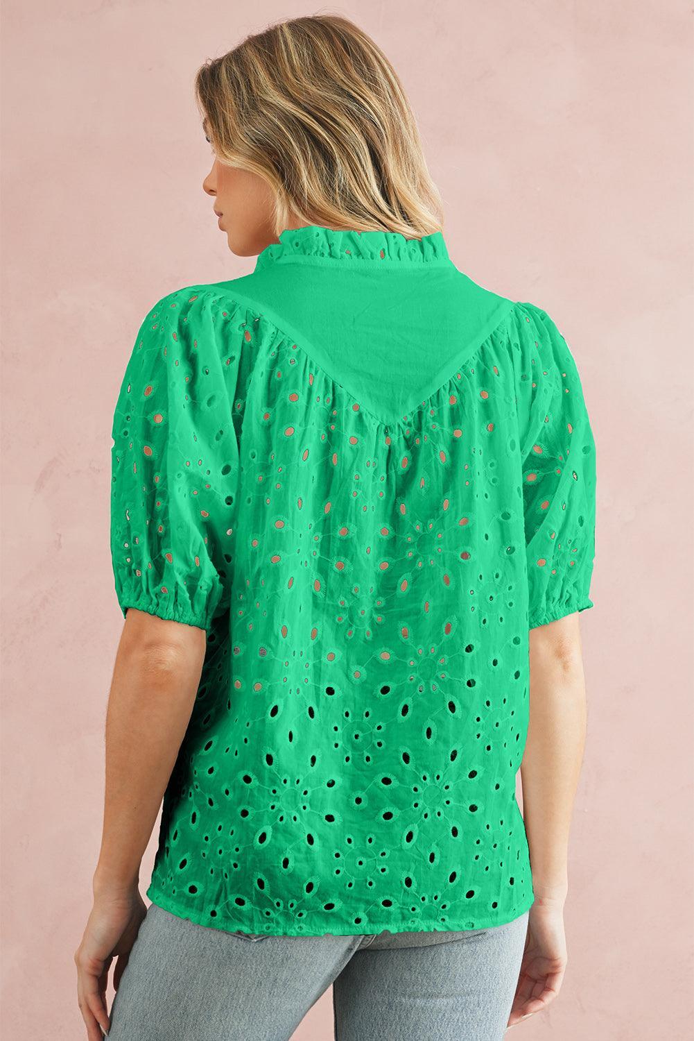 Bonbon Hollow-out Flower Embroidered Short Puff Sleeve Blouse - The Fair Lady Shop