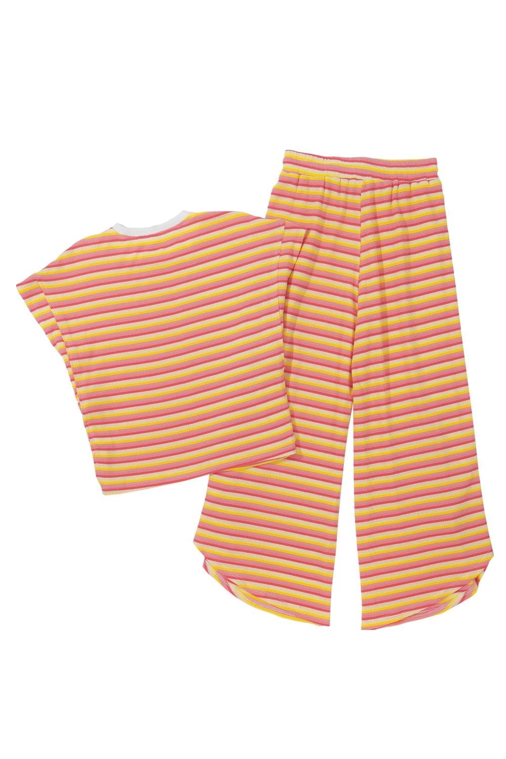 Yellow Stripe Rainbow Tee and Tassel Drawstring Wide Leg Pants Set - The Fair Lady Shop