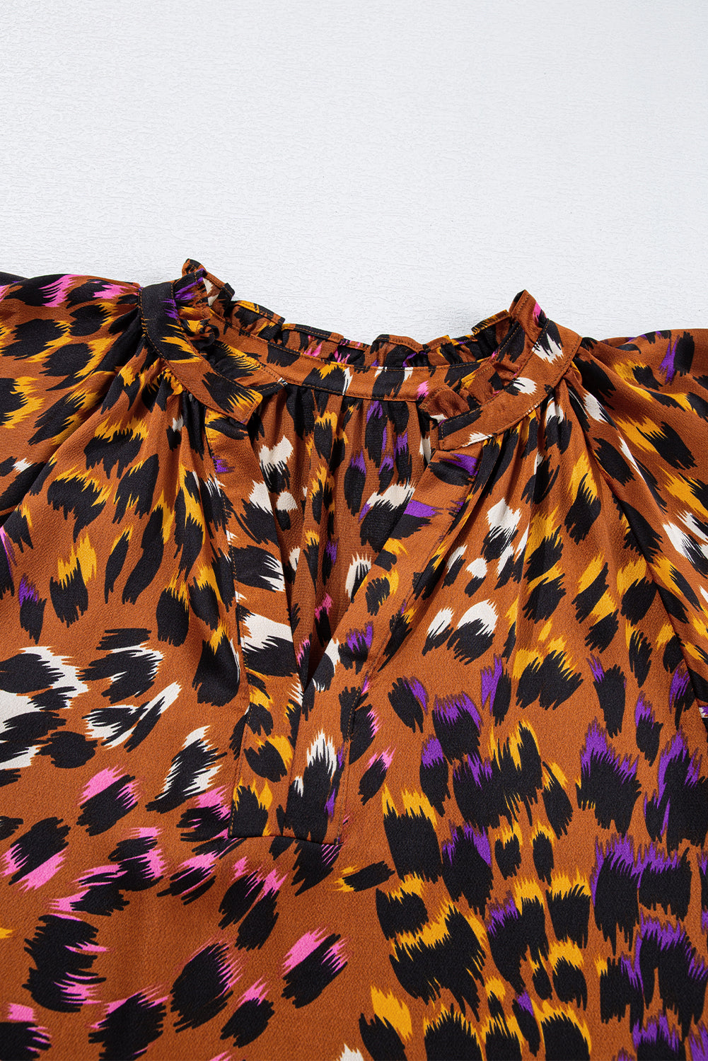 Orange Leopard Printed Short Sleeve Slit V Neck Blouse - The Fair Lady Shop