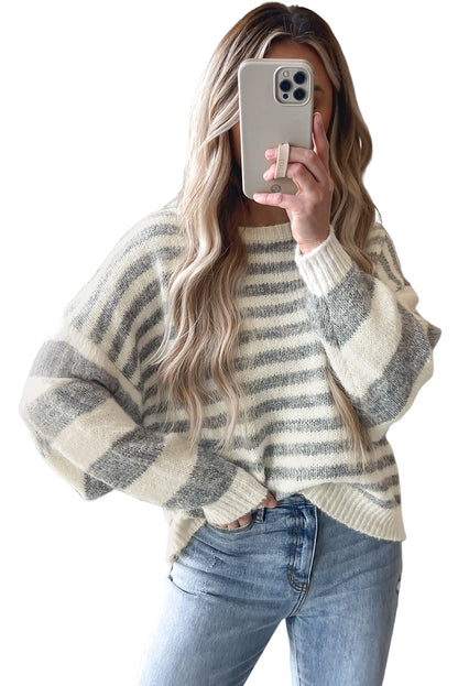 Gray Stripe Drop Shoulder Crew Neck Sweater - The Fair Lady Shop