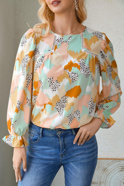 Multicolor Abstract Print Boho Ruffle Puff Sleeve Blouse - The Fair Lady Shop