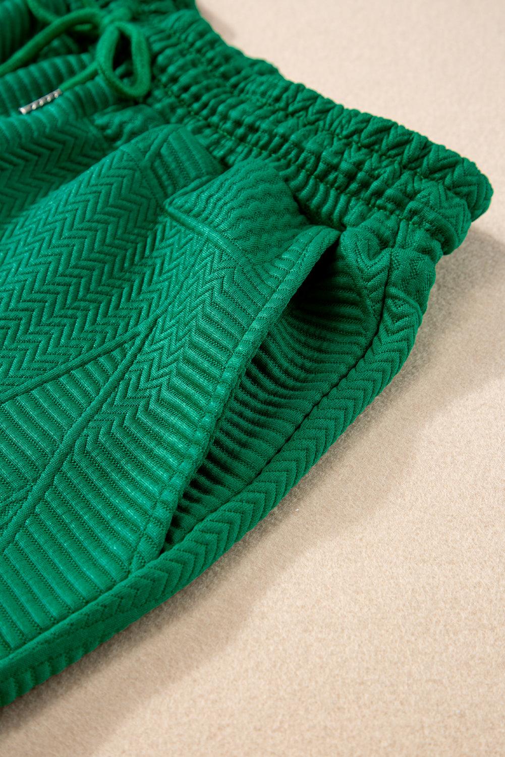Dark Green Textured Ruffle Split Top and Drawstring Shorts Set - The Fair Lady Shop