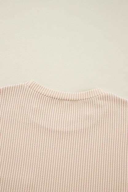 Beige Ribbed Knit Pocketed Loose Fit Crew Neck T Shirt - The Fair Lady Shop