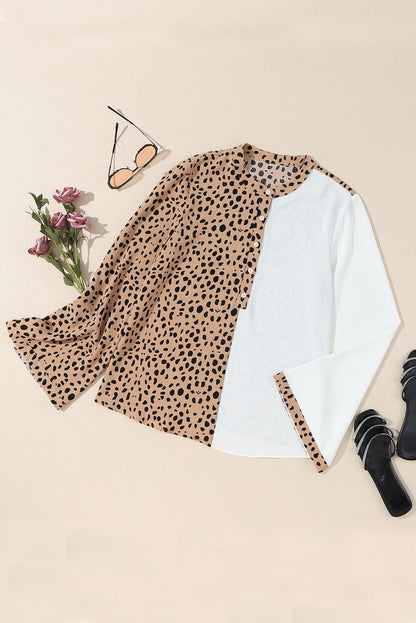 Khaki Leopard and White Patchwork Henley Blouse - The Fair Lady Shop