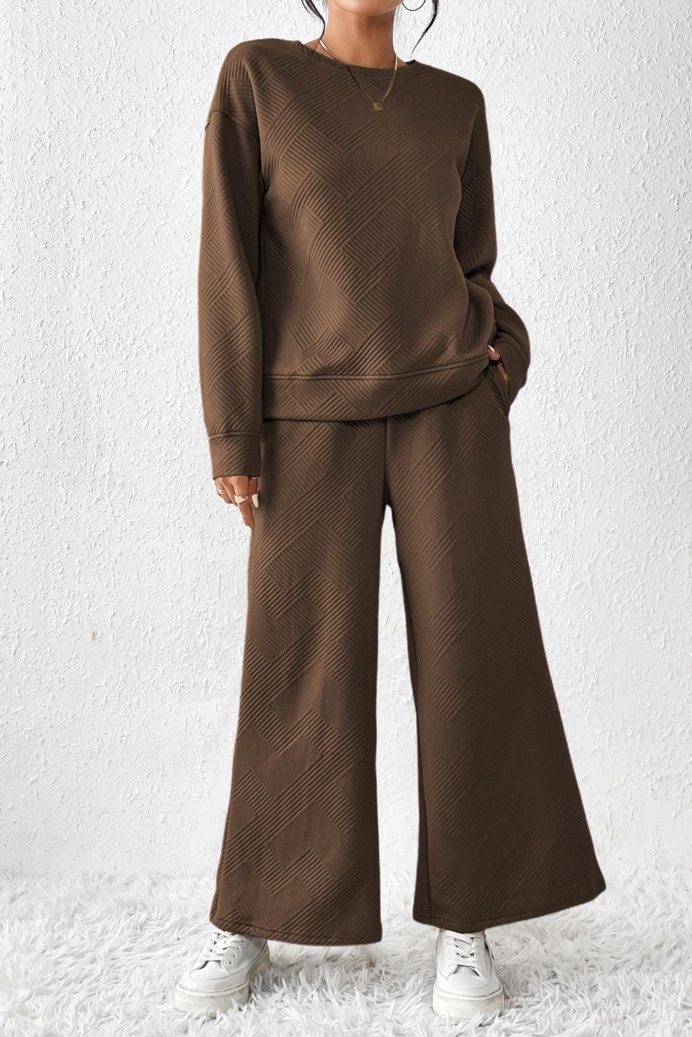 Dark Brown Textured Loose Slouchy Long Sleeve Top and Pants Set - The Fair Lady Shop