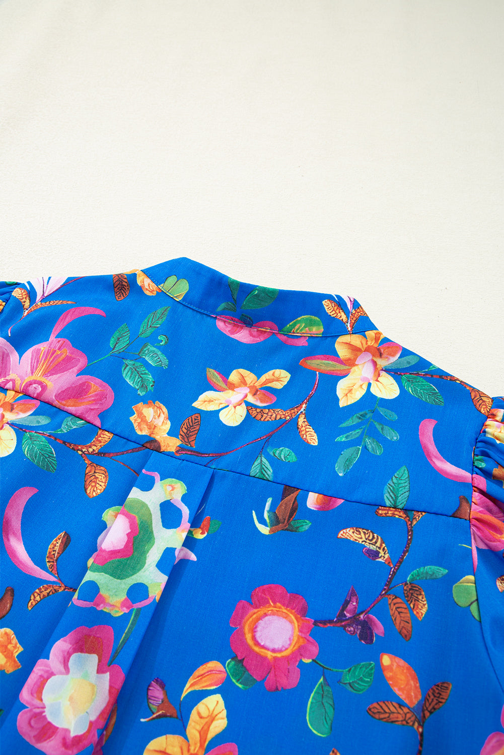Blue Puff Sleeve Button Up Boho Floral Shirt - The Fair Lady Shop