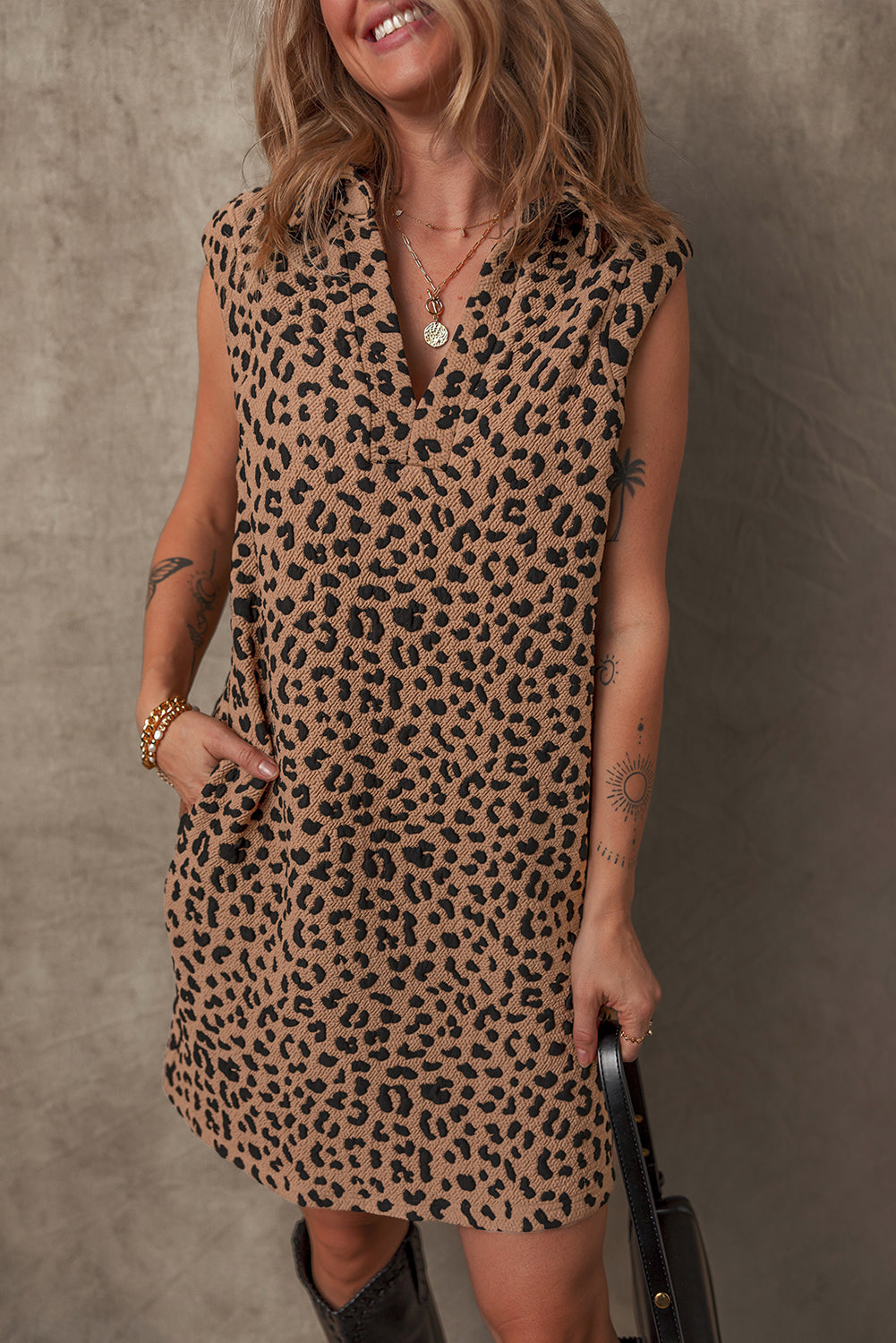 Khaki Leopard Print V Neck Sleeveless Collared Mini Dress - The Fair Lady Shop
