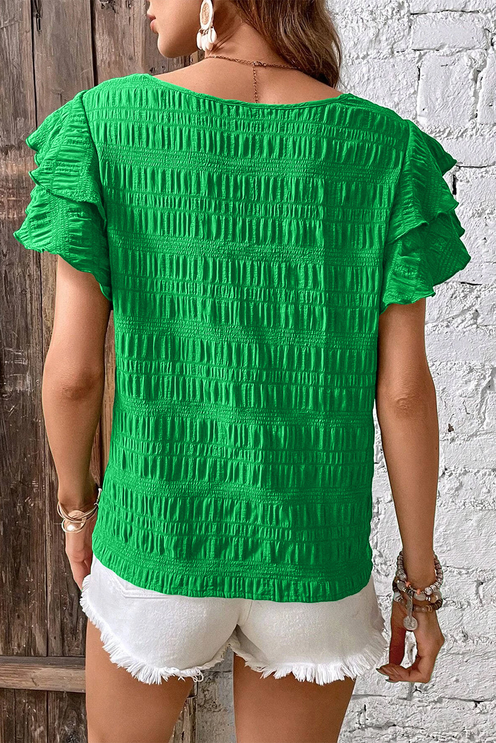 Dark Green Ruffle Sleeve Textured Smocked Blouse - The Fair Lady Shop