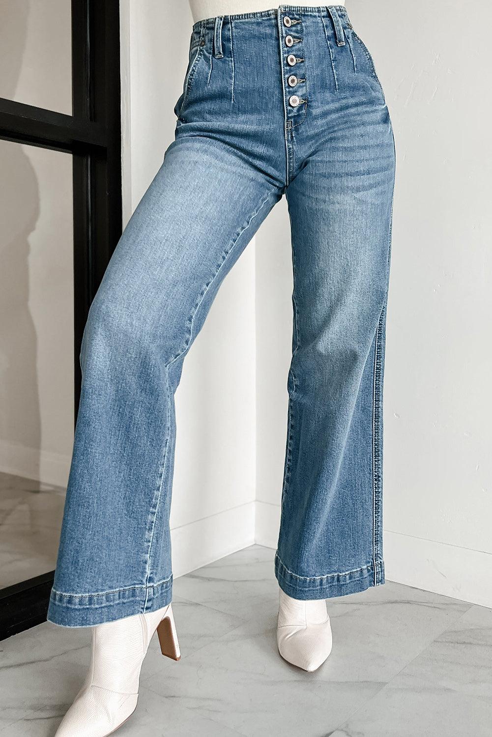 Dusk Blue Multi Button Waist Wash Straight Leg Jeans - The Fair Lady Shop