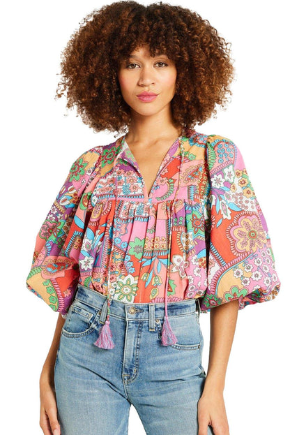 Multicolour Boho Floral Tie V Neck Pleated Blouse - The Fair Lady Shop