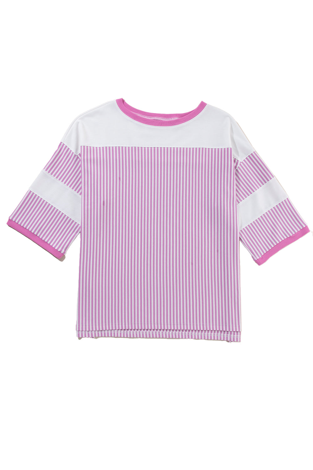 Pink Stripe Patchwork Bracelet Sleeve Plus Size T Shirt - The Fair Lady Shop