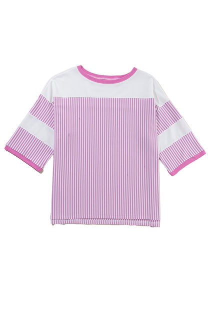 Pink Stripe Patchwork Bracelet Sleeve Plus Size T Shirt - The Fair Lady Shop