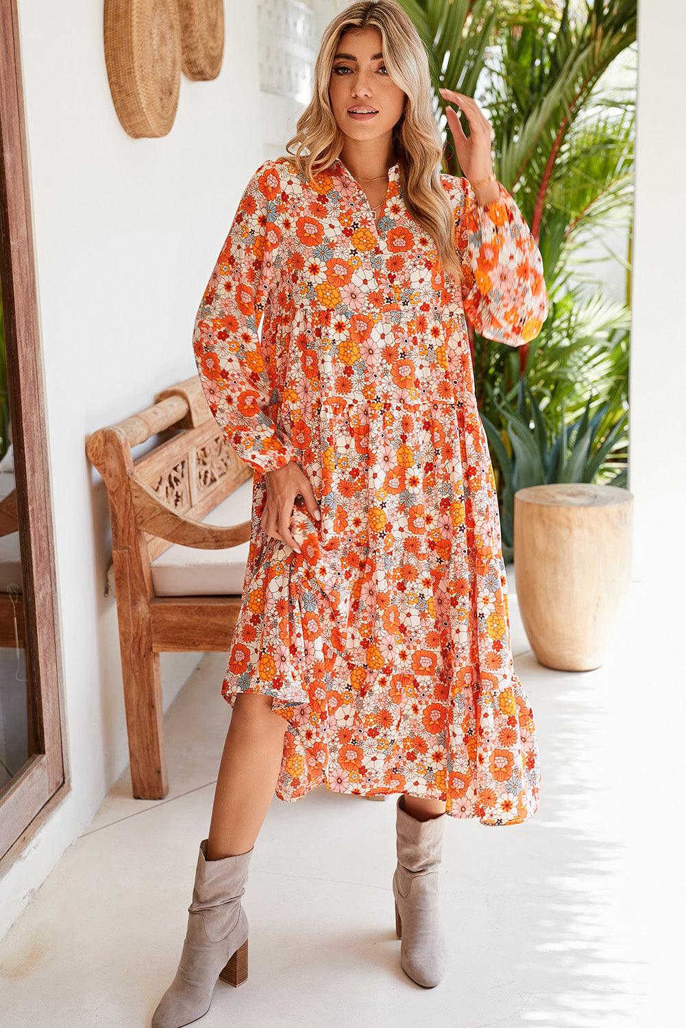 Multicolor Boho Floral Collared Long Sleeve Dress - The Fair Lady Shop