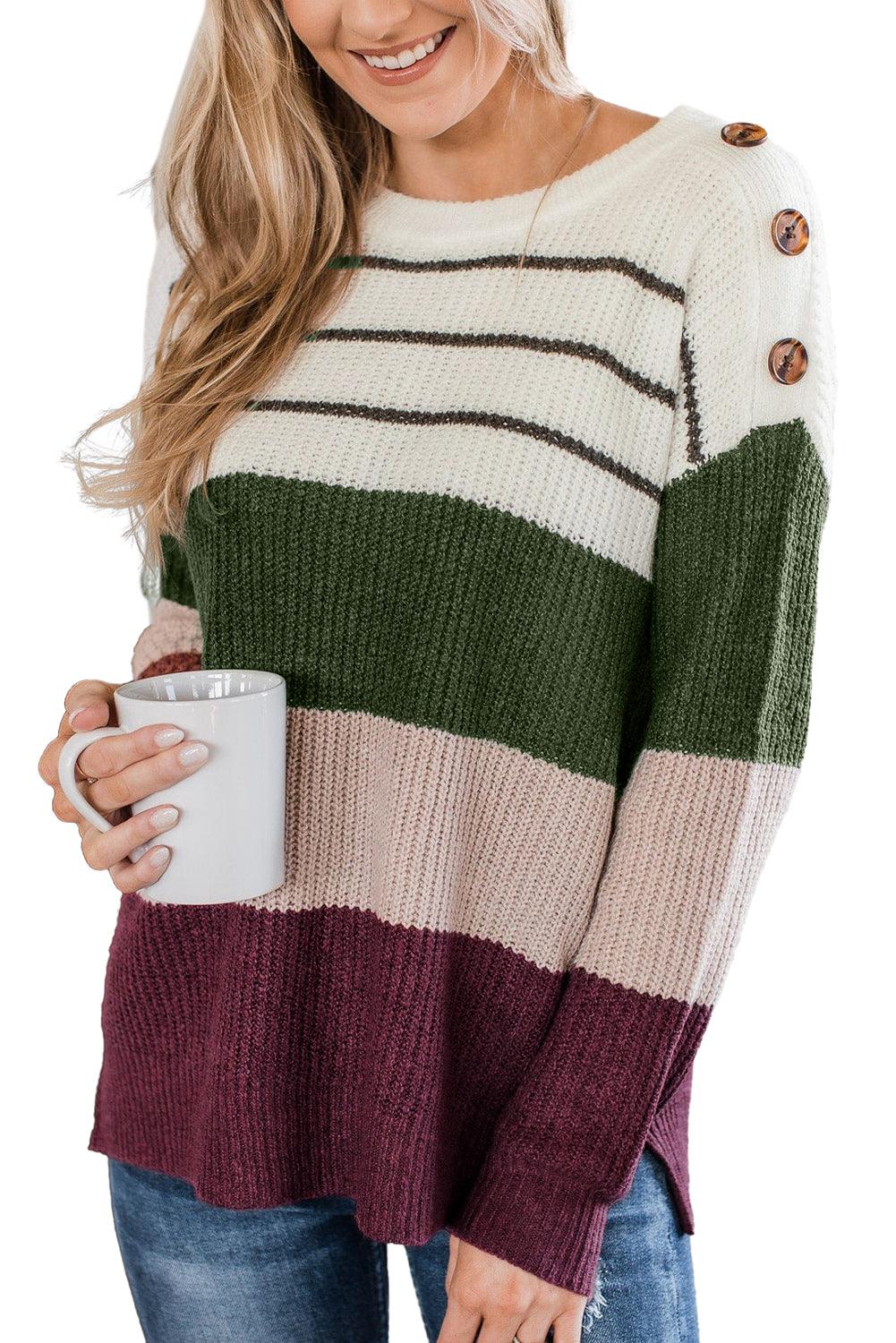 Green Color Block Striped Buttoned Shoulder Split Sweater - The Fair Lady Shop