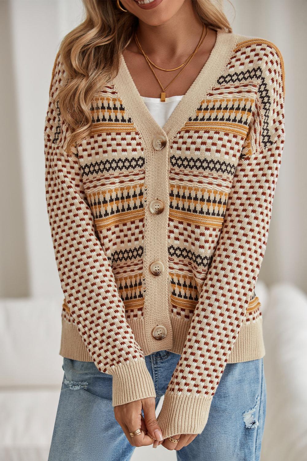 Khaki Geometric Pattern Button Front V Neck Cropped Cardigan - The Fair Lady Shop