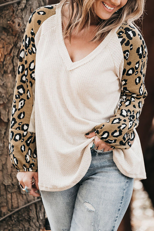 Beige Plus Size Waffle Knit Contrast Leopard Long Sleeve Top - The Fair Lady Shop