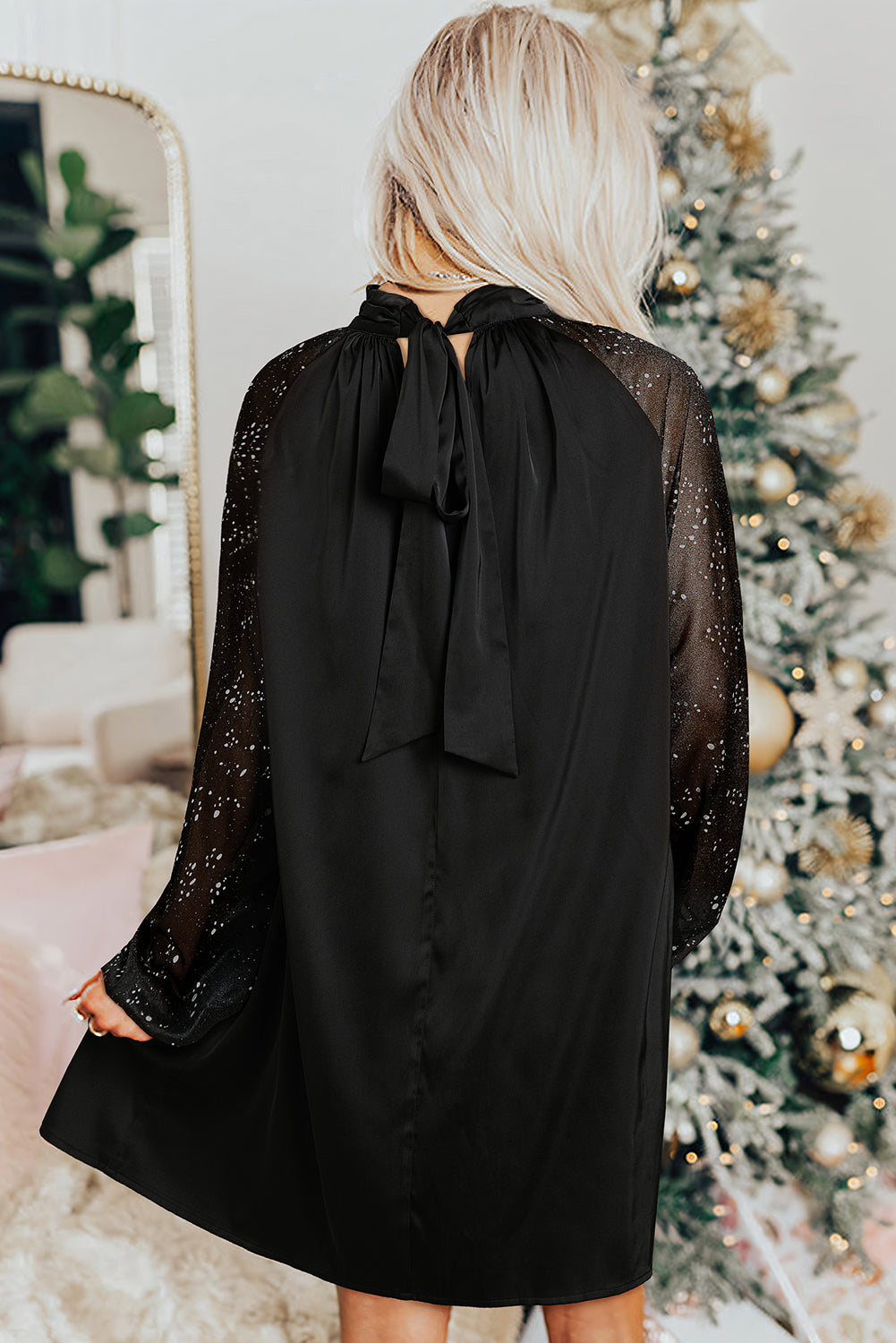 Black Rhinestone Mesh Sleeve Patchwork Mock Neck Mini Dress - The Fair Lady Shop