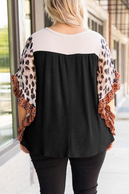 Black Rib Knit Animal Print Ruffle Sleeves Plus Size Top - The Fair Lady Shop