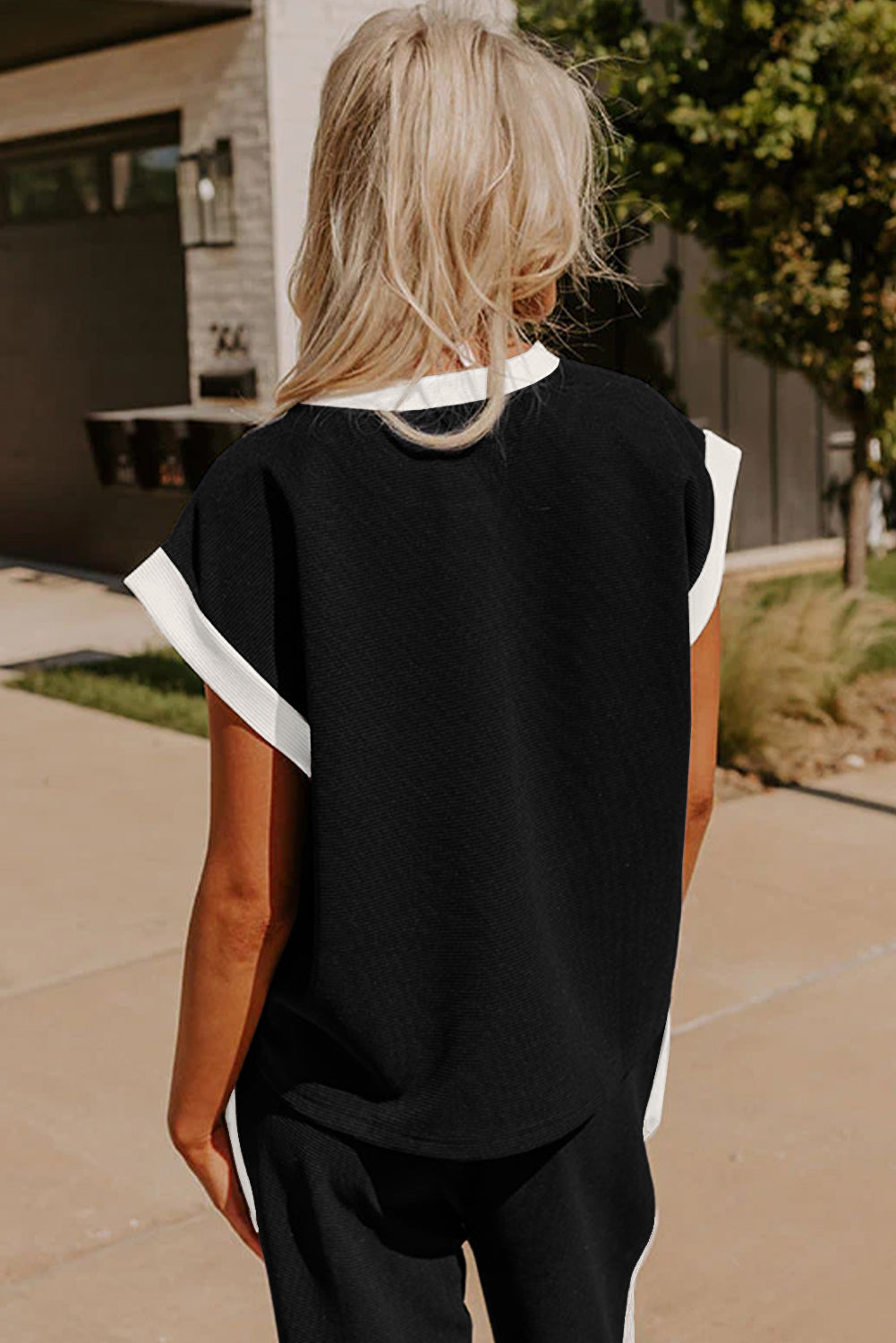 Black Contrast Trim Pocket T Shirt and Wide Leg Pants Set - The Fair Lady Shop