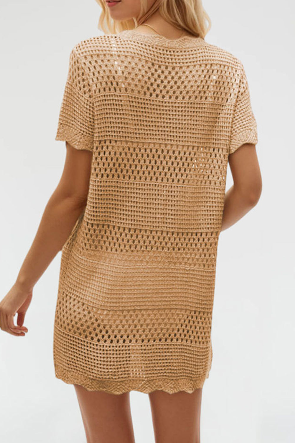 Tan Hollow Out Crochet Short Sleeve Swimsuit Cover Up - The Fair Lady Shop