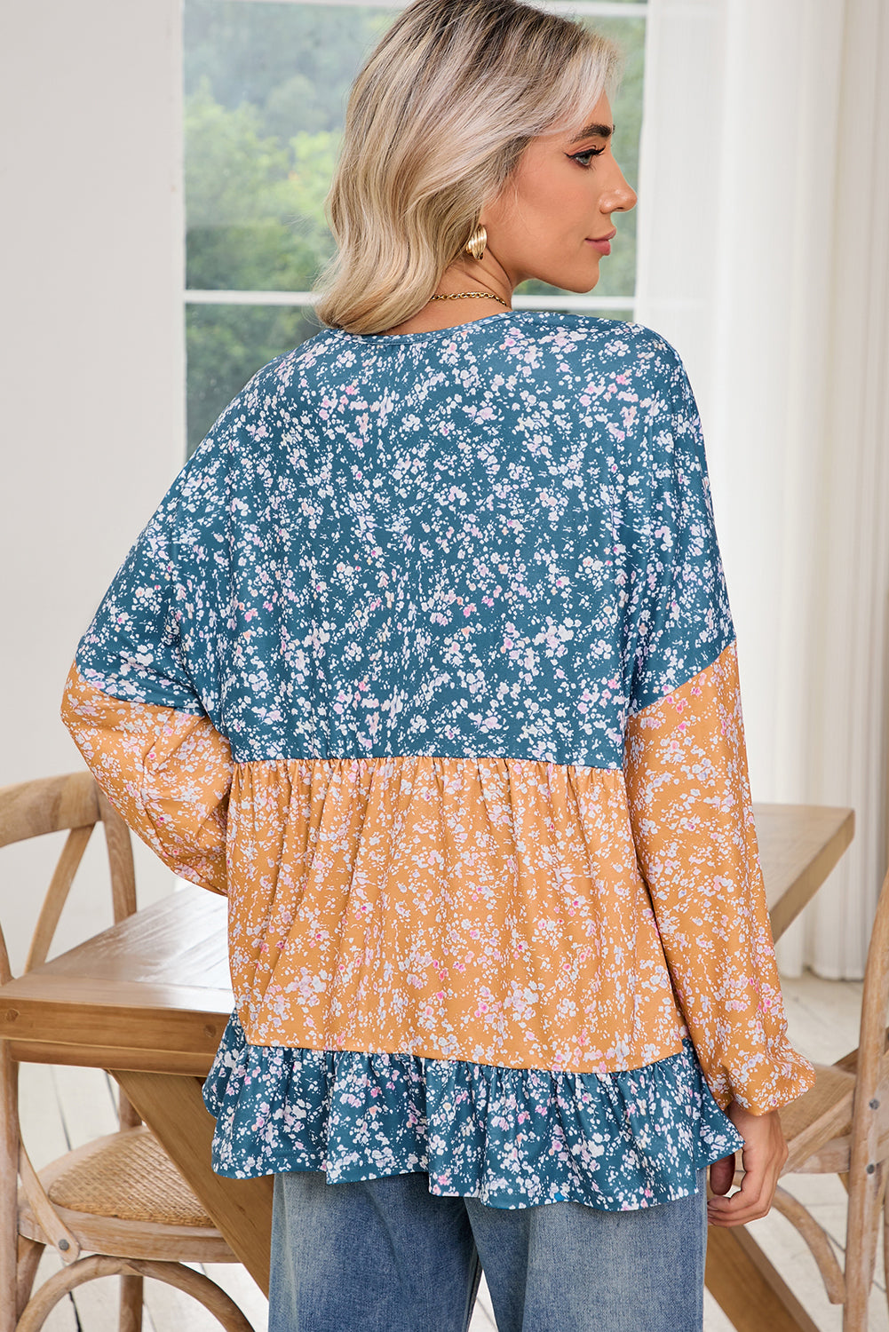Orange Ditsy Floral Color Block Ruffle Hem Long Sleeve Top - The Fair Lady Shop
