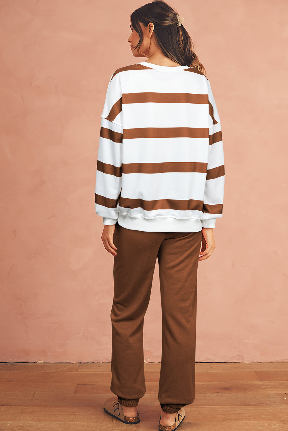 Brown Striped Drop Shoulder Pullover and Joggers Set - The Fair Lady Shop