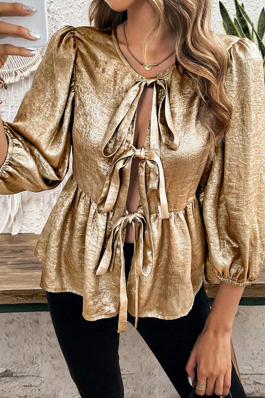 Gold Solid Color Bowknot Front Puff Sleeve Blouse - The Fair Lady Shop
