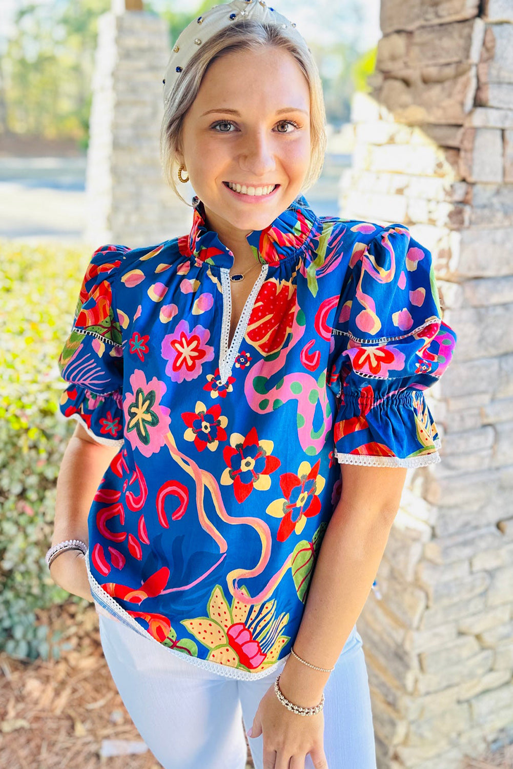 Blue Frill V-neck Abstract Print Blouse - The Fair Lady Shop