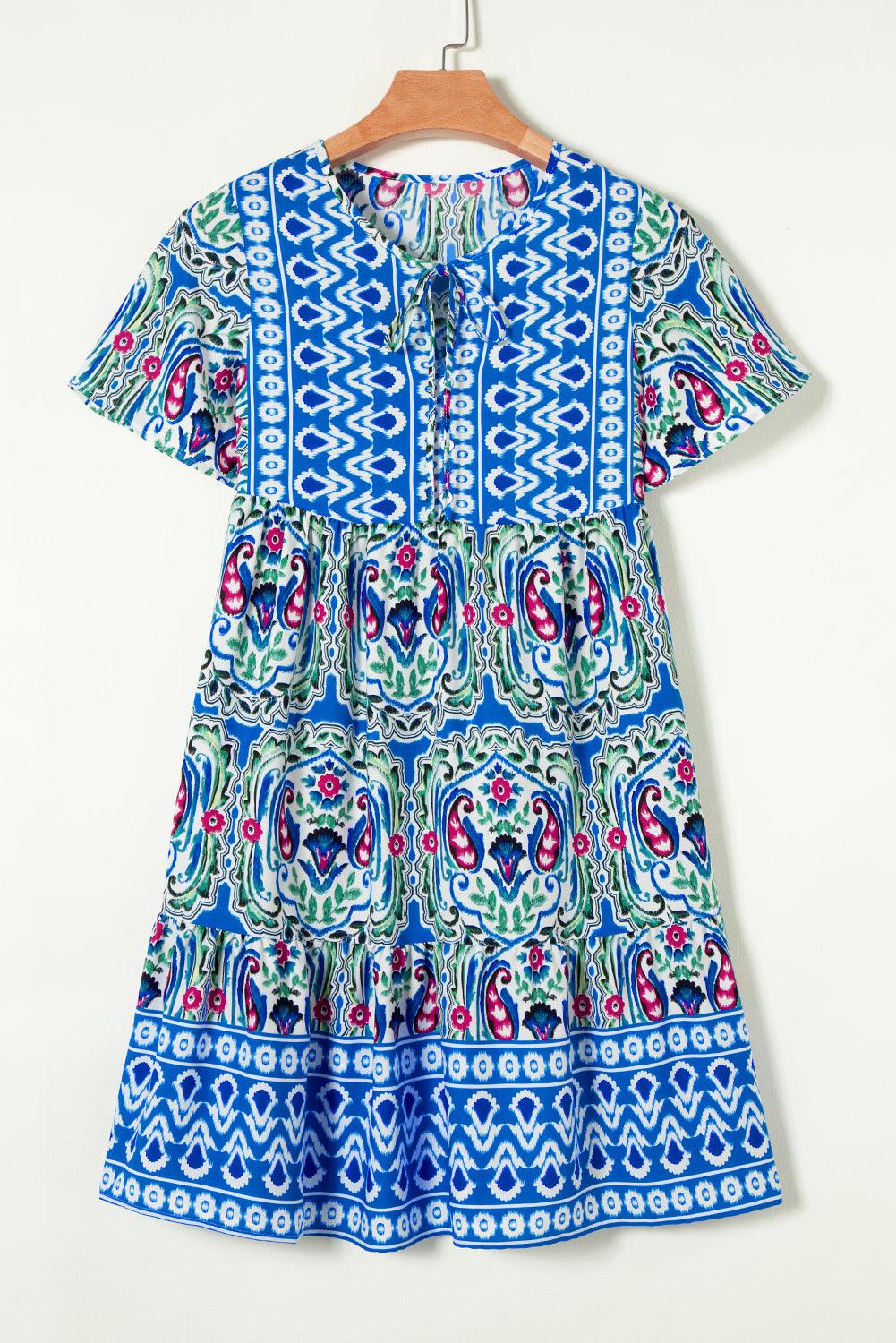 Orange Bohemian Tie Neck Flounce Sleeve Ruffle Hem Mini Dress - The Fair Lady Shop