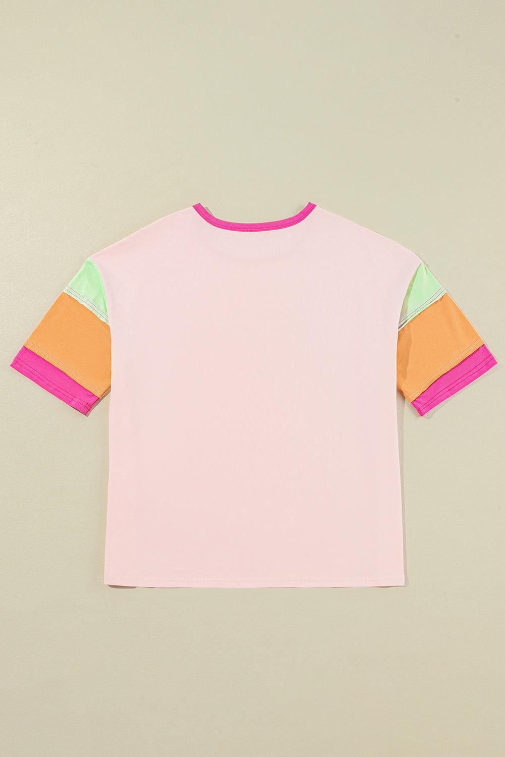 Pink Color Block Sleeve Round Neck Oversize Top - The Fair Lady Shop