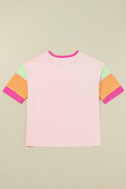 Pink Color Block Sleeve Round Neck Oversize Top - The Fair Lady Shop