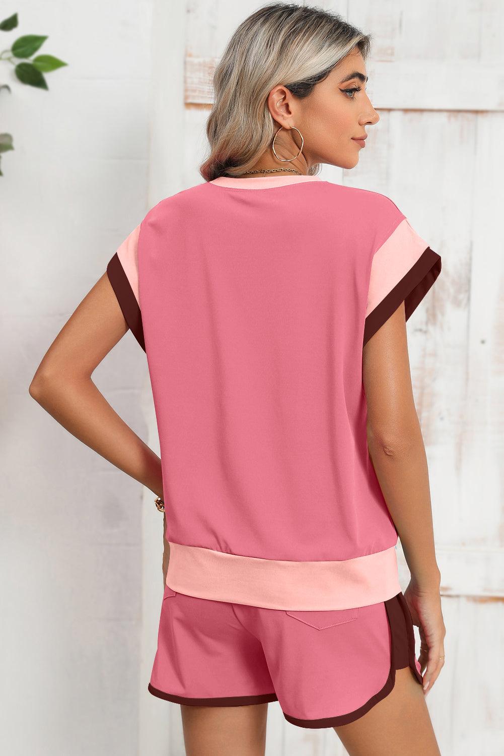 Peach Blossom Color Block Loose Fit Top & Elastic Waist Shorts Set - The Fair Lady Shop