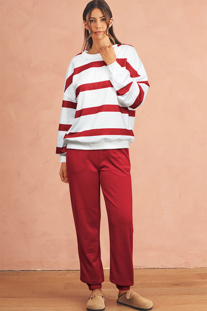 Red Striped Drop Shoulder Pullover and Joggers Set - The Fair Lady Shop