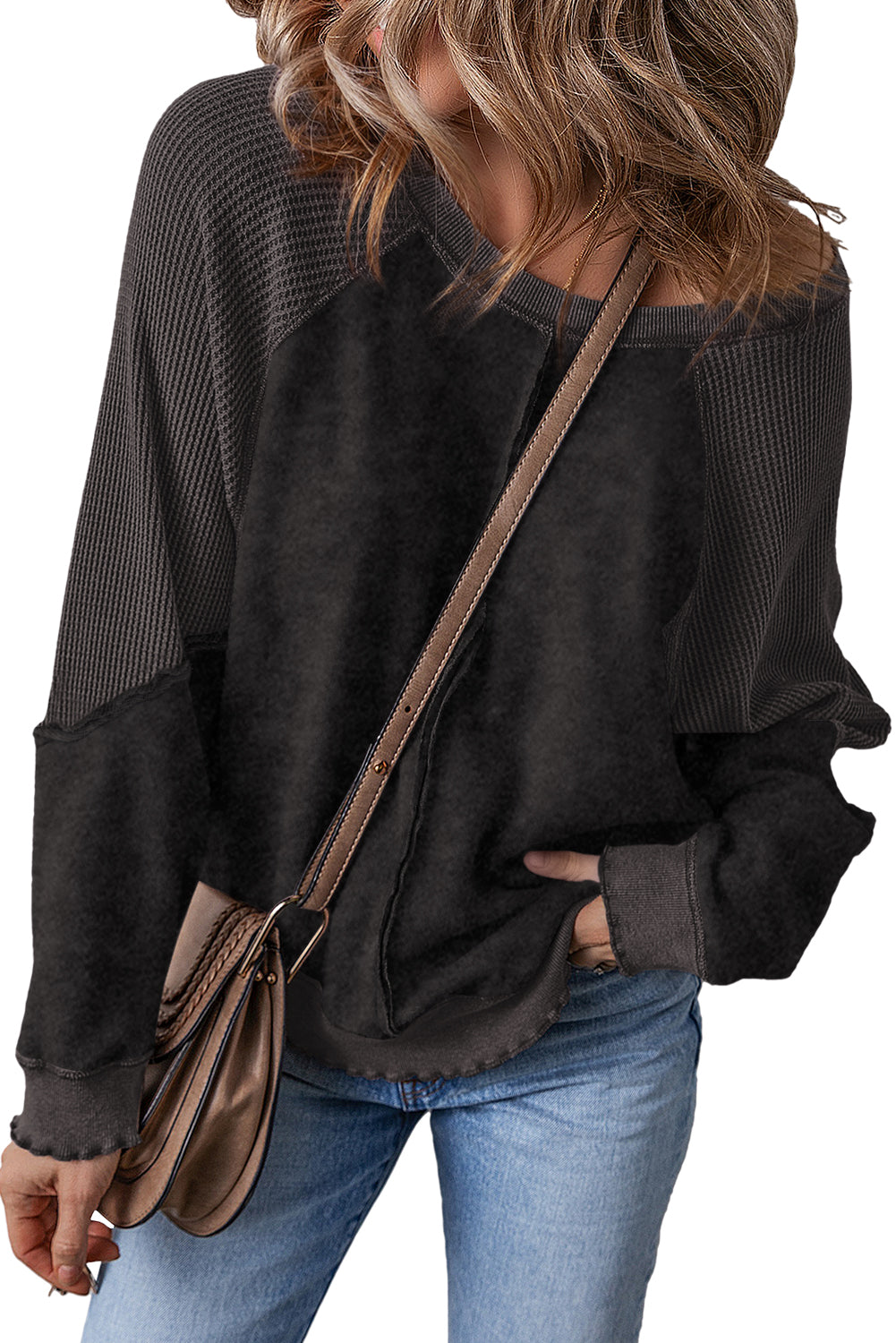 Black Solid Waffle Knit Patchwork Raglan Sleeve Sweatshirt - The Fair Lady Shop