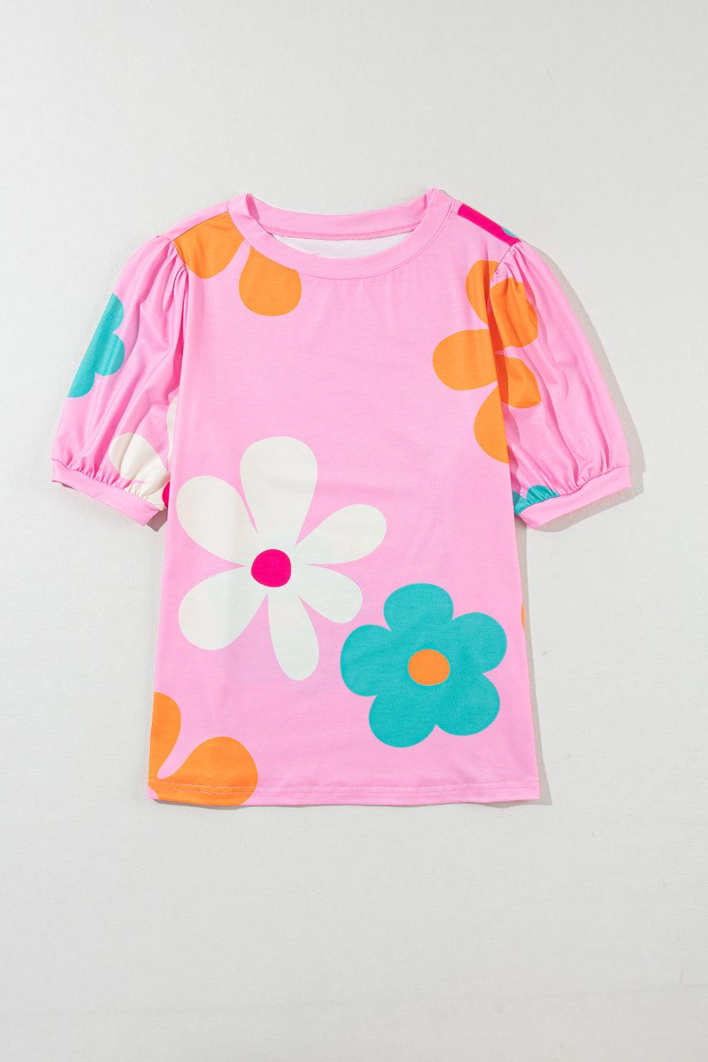 Apricot Colorful Flower Print Bubble Sleeve Tee - The Fair Lady Shop