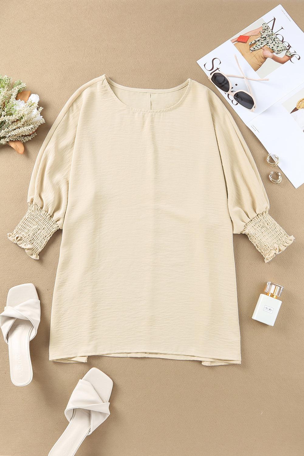White Plain & Casual Shirred Cuffs Half Sleeve Top - The Fair Lady Shop