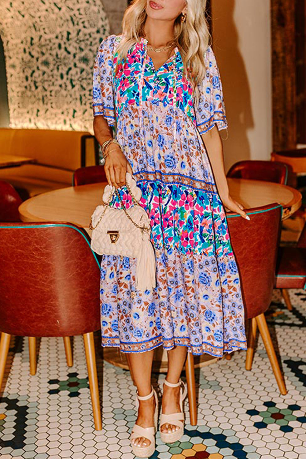 Sky Blue Mixed Floral Print Tie Split Neck Short Sleeve Dress - The Fair Lady Shop