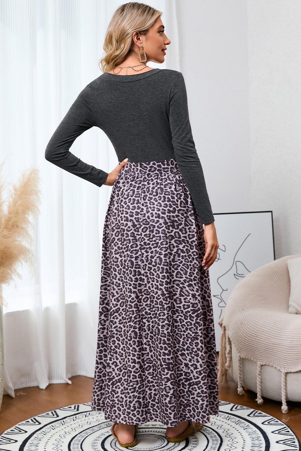 Black and Leopard Print Long Sleeve Boho Maxi Dress - The Fair Lady Shop