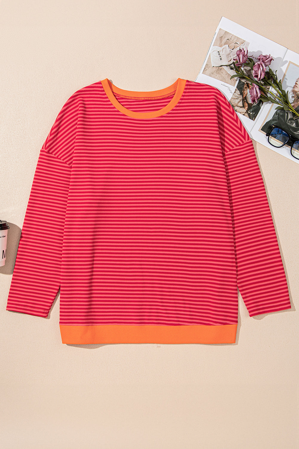 Orange Stripe Plus Size Drop Shoulder Long Sleeve Top - The Fair Lady Shop