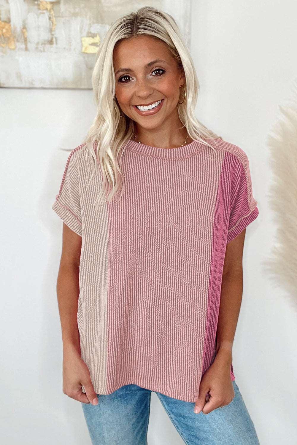 Apricot Pink Colorblock Ribbed Round Neck T Shirt - The Fair Lady Shop