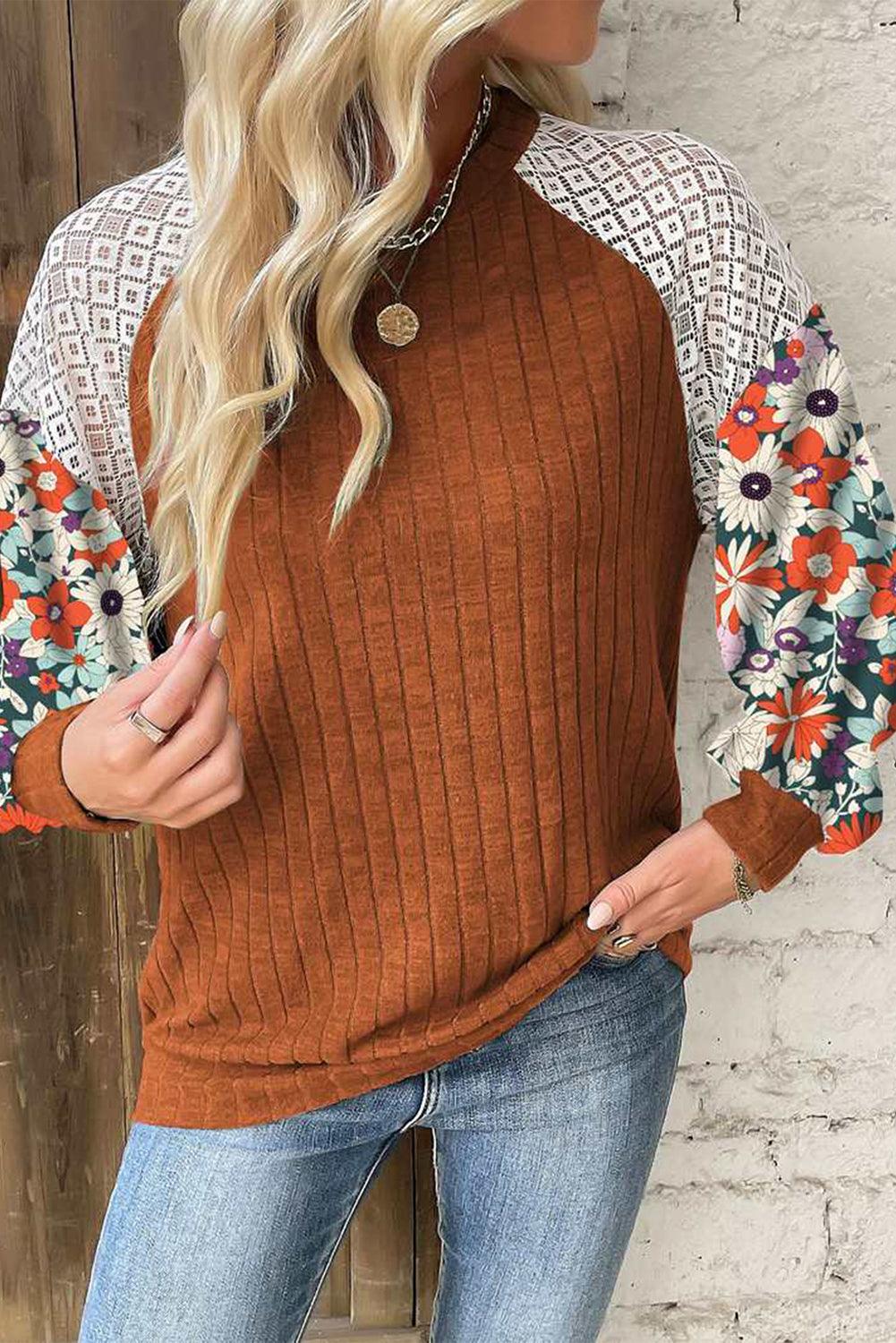 Laurel Green Floral Patchwork Raglan Sleeve Ribbed Blouse - The Fair Lady Shop