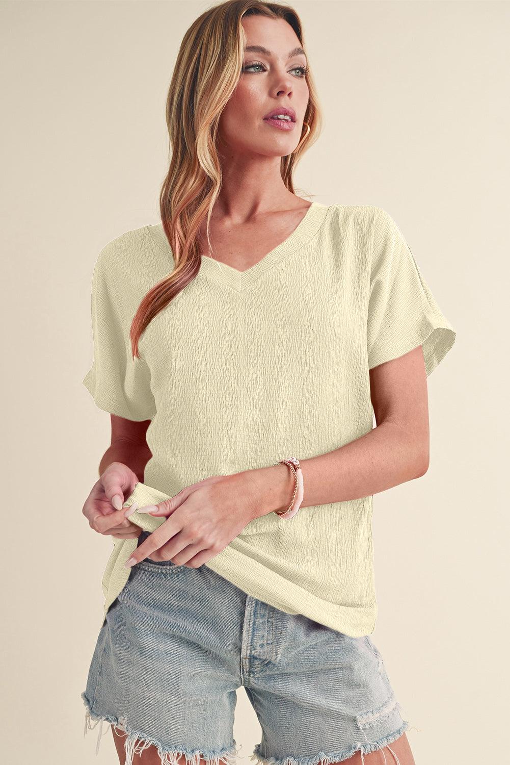 Blue Plain Crinkled V Neck Flounce Sleeve T Shirt - The Fair Lady Shop