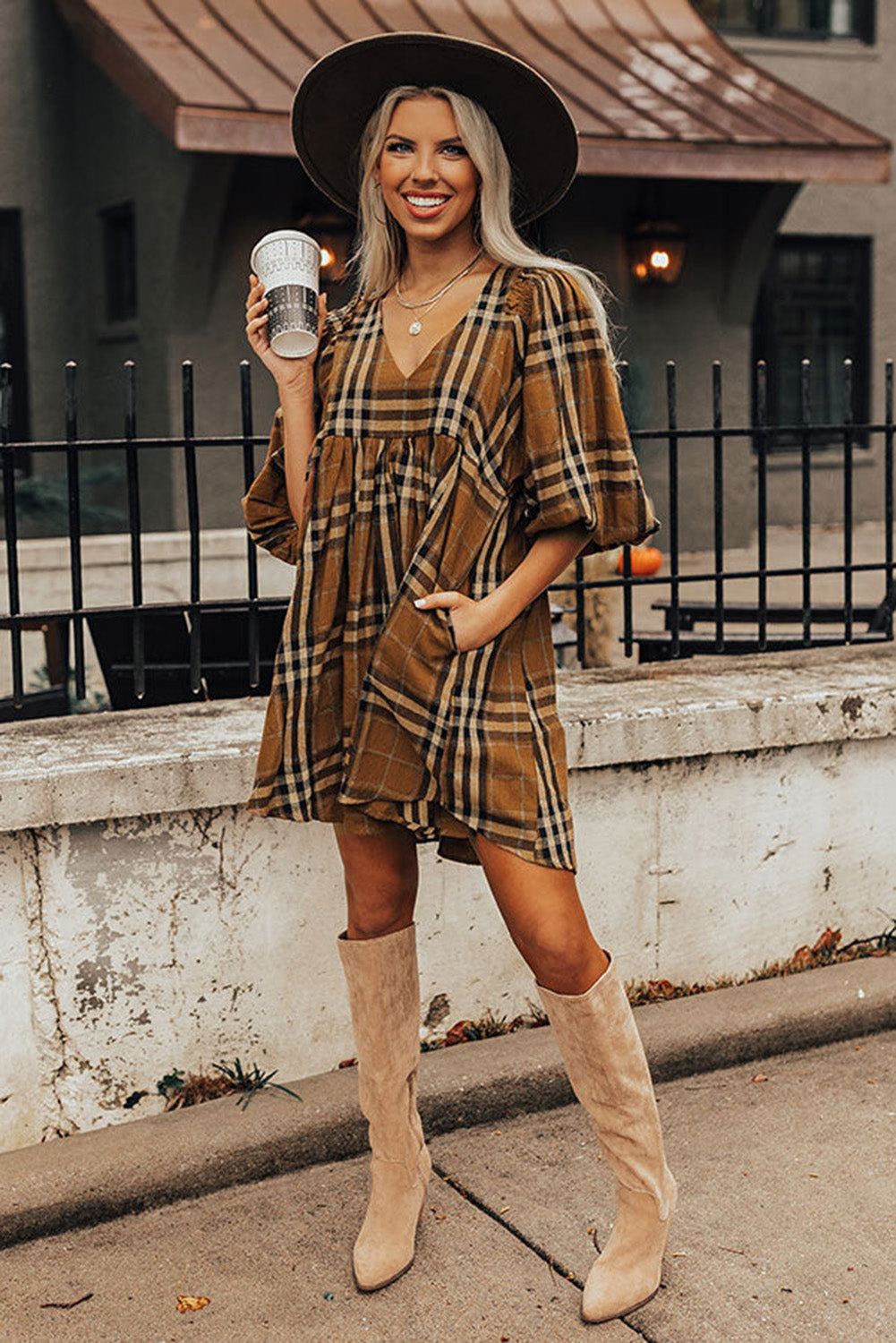 Brown Plaid Pattern Empire Waist Babydoll Dress - The Fair Lady Shop
